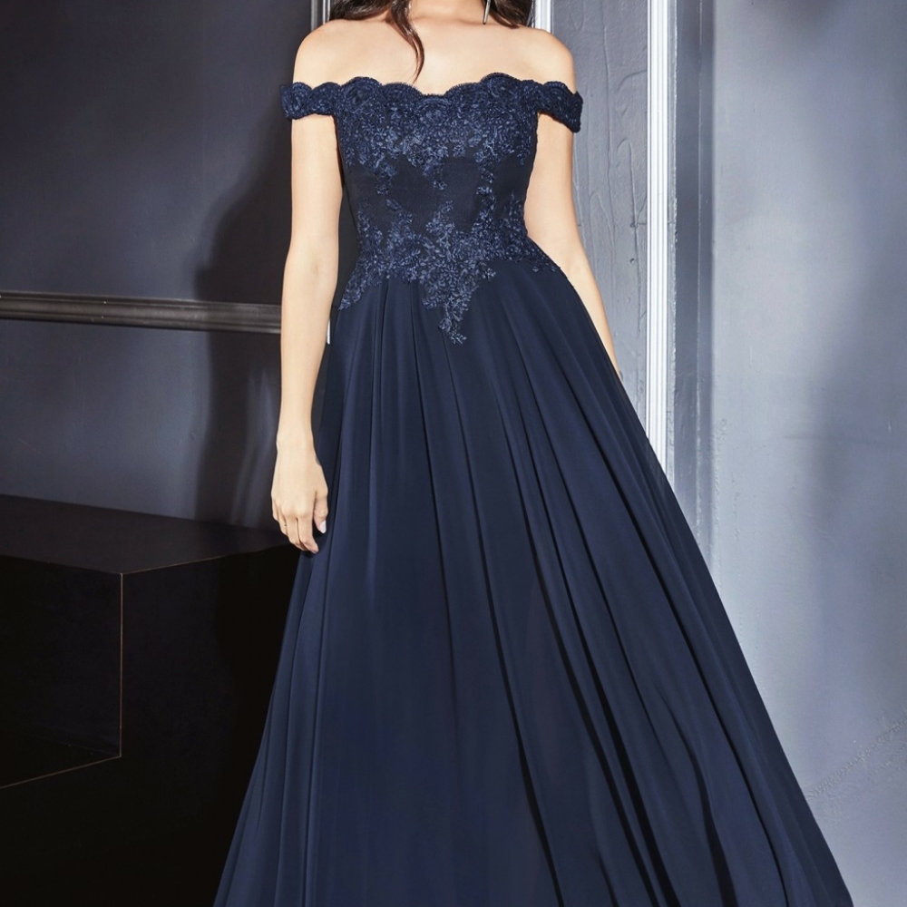 black, champagne, pink, blue, purple off shoulder lace flowy chiffon skirt gown - Picture 9 of 10